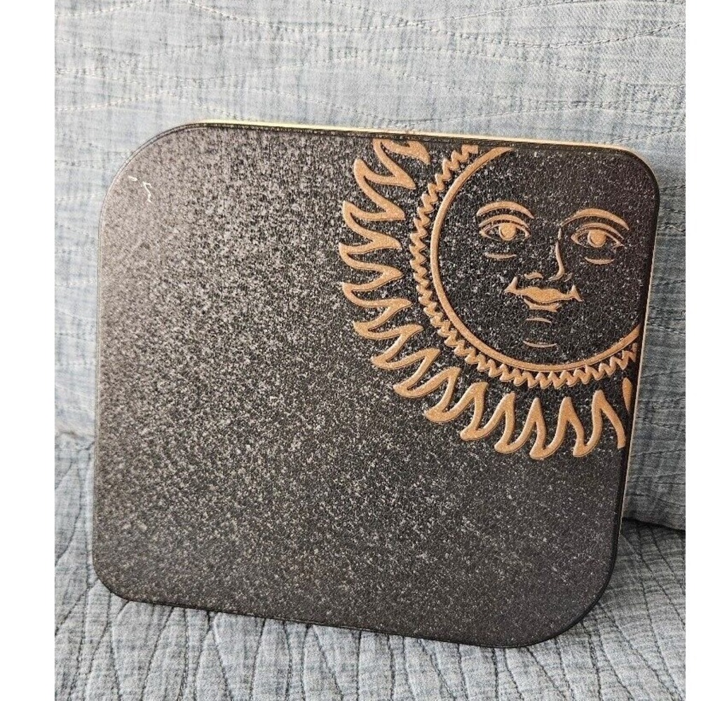 Vintage black and brown sun tin storage container 9.5x8.5x3 inches decorative